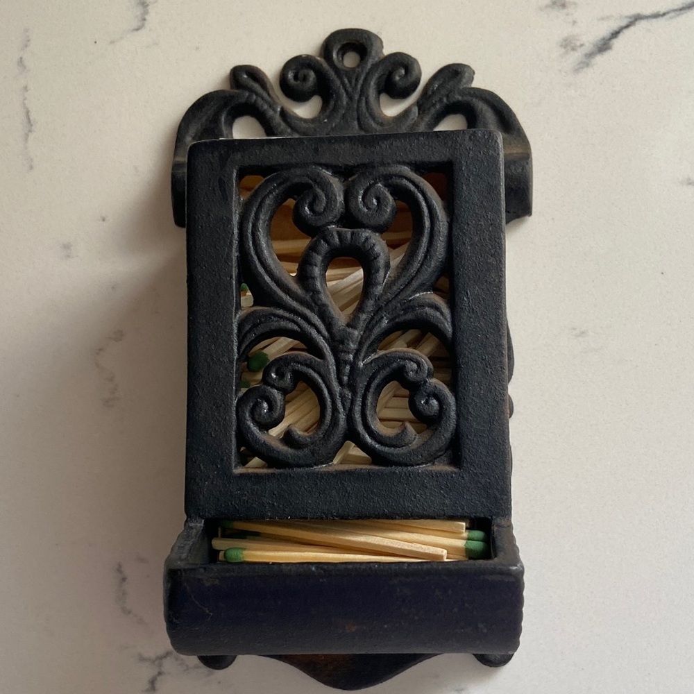 Vintage Cast Iron Wall Match Holder Scrollwork Victorian Style Farmhouse Decor